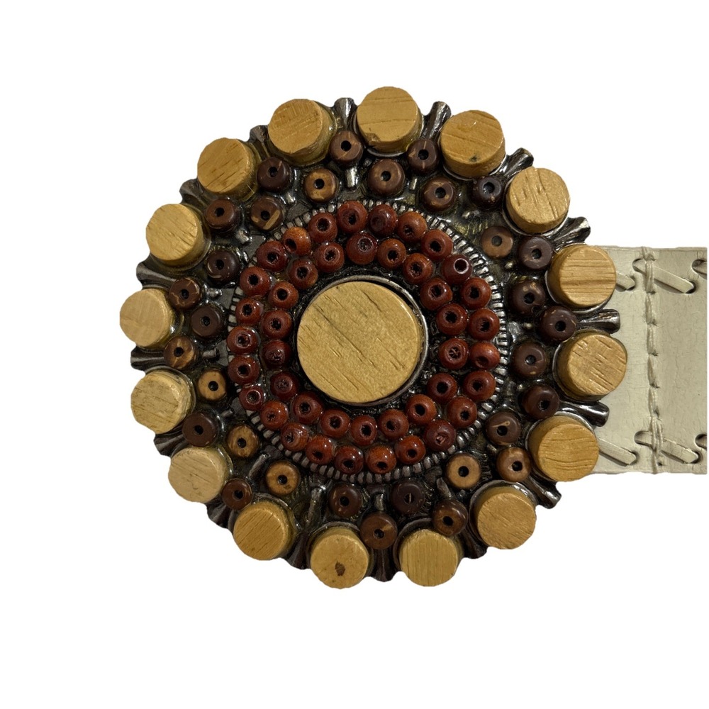 Boho Cream Bonded Leather‎ Belt with Oversized Wood Bead Buckle Size Small
